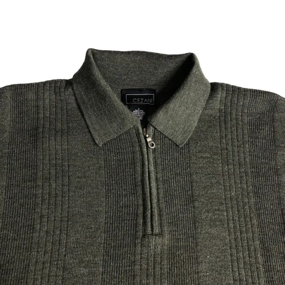 Cezani Sweater Mens Large Green Extra Fine Merino‎ Wool 1/4 Zip Pullover Outdoor